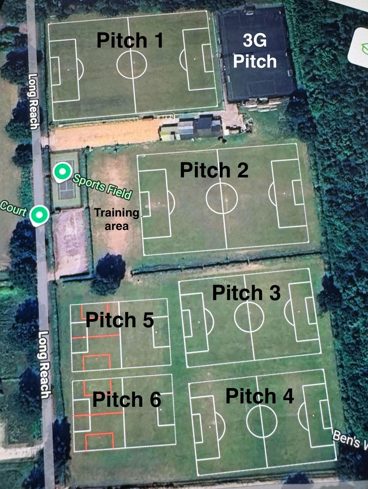 Horsley FC ground map showing pitches 1 to 6, the 3G pitch and training area